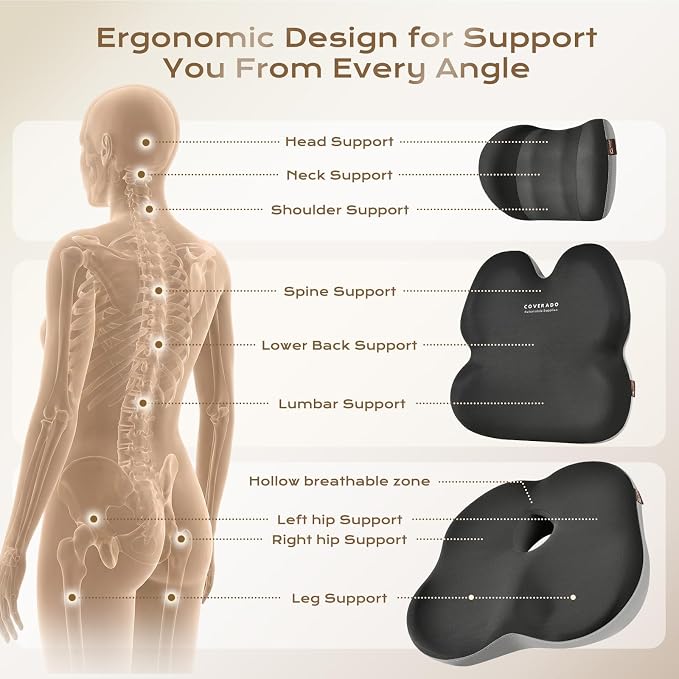Coverado Seat Cushions Neck Pillow Lumbar Support Pillow for Car, Memory Foam Office Chair Back Support Orthopedic Coccyx Cushion with Non-Slip Bottom Neck Butt Back Pillow for Chair Truck Gray&Black - Image 5