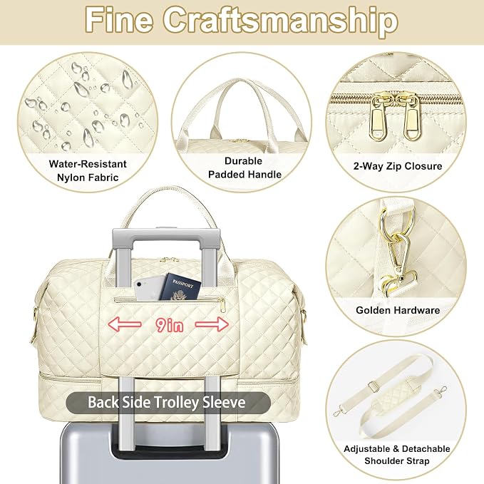 Graduation Birthday Gift for Her, Personalized Initial Weekender Bag for Women 45L Travel Duffle Carry On Quilted, 3PCS Overnight with Cosmetic & Toiletry Bag, Shoe Compartment, Gym Dance Bag for Girl - Image 4