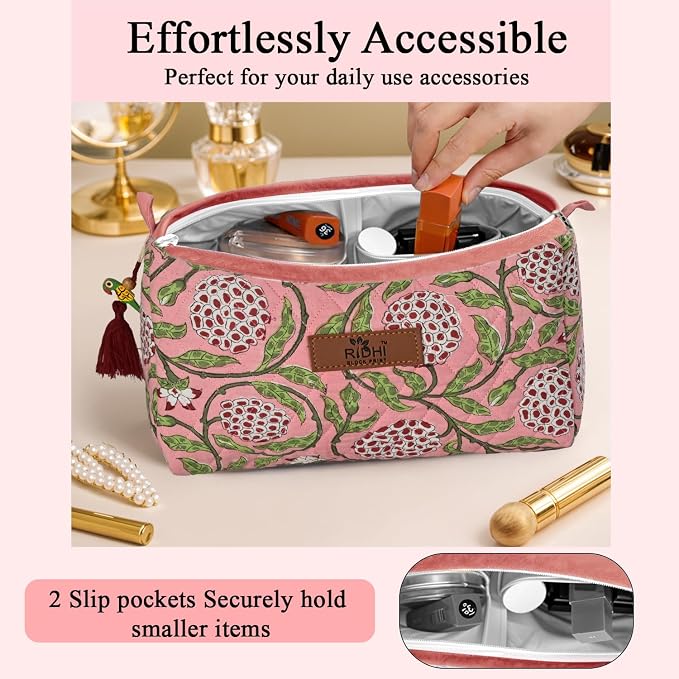 Ridhi Strawberry Pink Hand Block Printed Floral Toiletry Bag For Women 100% Cotton Quilted Set of 3 Waterproof Inner Lining, Cosmetic Jewelry Organizer, Travel Pouch, Essential Storage Purse Gifts - Image 2
