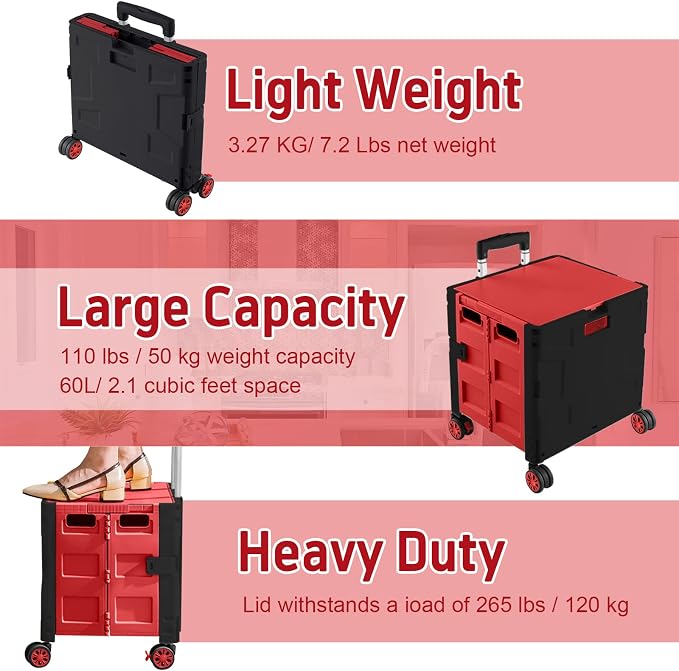 FELICON Folding Utility Cart Rolling Crate Handcart Basket Tote-Red+Black | Collapsible Hidden Lid,Plastic Box,Telescoping Handle,4 Rotate Wheels for Travel Shop Move Grocery Laundry Office Teacher Use - Image 6