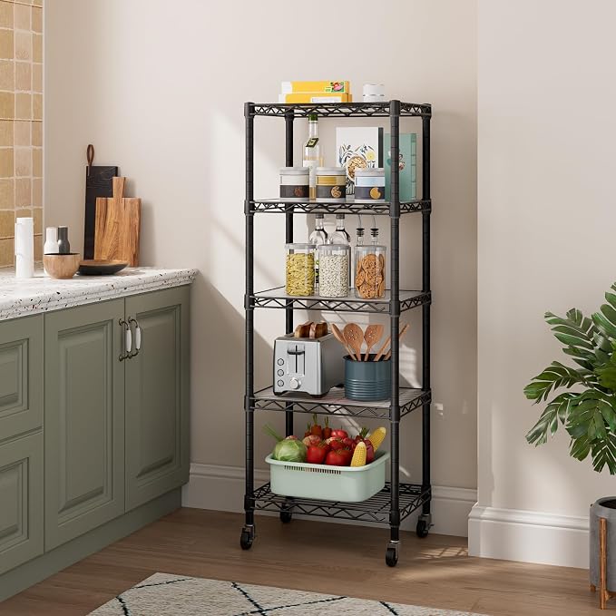Golpart Small 5 Tier Shelves Storage Wire Shelving Unit Metal Shelf Adjustable Organizers Storage Shelving with Wheels for Bathroom Laundry Room Kitchen Pantry11.7”D x 17.7”W x 57.2”H Black - Image 2