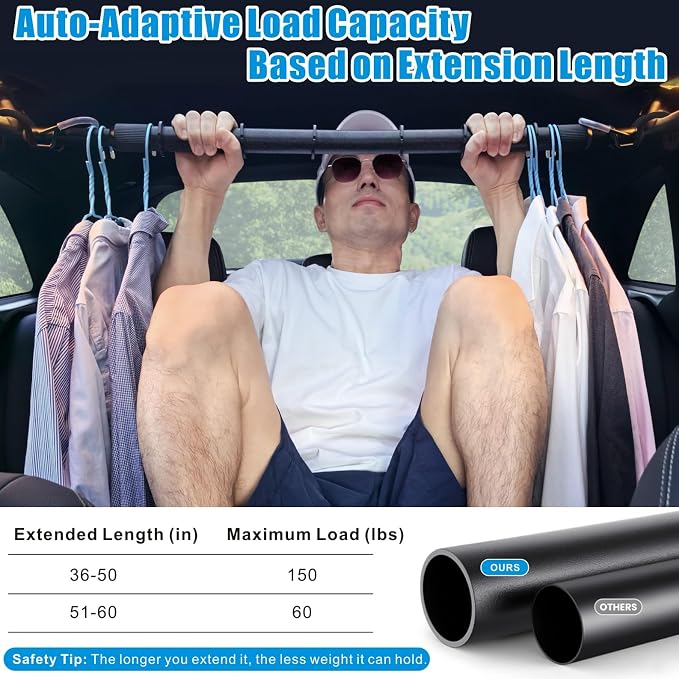 Car Travel Clothes Hanger Bar Expandable 36''-60'' (No Assembly Required) | Clothing Rack for Truck SUV Closet Auto-Adaptive Hanging Rod Holds Up to 150 lbs, Road Trip Garment Drying Pole For Vehicles - Image 3