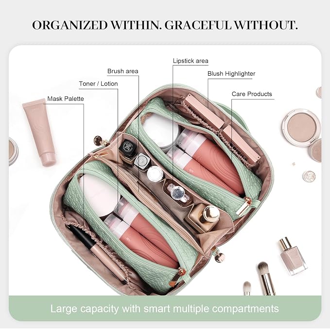 Travel Makeup Bag for Women: Designer 3 Pcs Set Cosmetic Bags for Women - Large Capacity Vagen Leather Hand-made for Toiletry Organizer - Ladies Travel Flat Open Essentials for Luxury (08Green) - Image 5