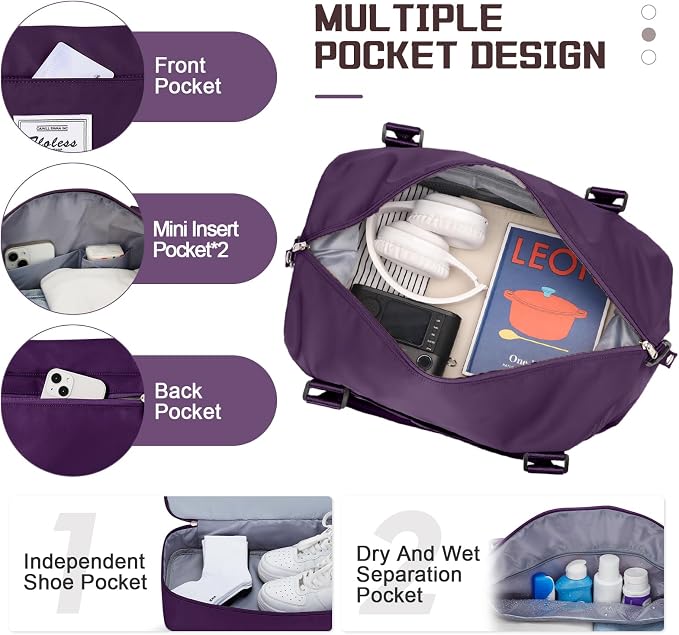 Travel Duffel Bag with Shoes Compartment, Overnight Weekender Bags for Women, Carry on Personal Item Travel Set,Extra Large(Dark Purple) | Overnight Carry-On Bag with Toiletry Bag & Wet Pocket & Trolley Sleeve,Extra Large - Image 4