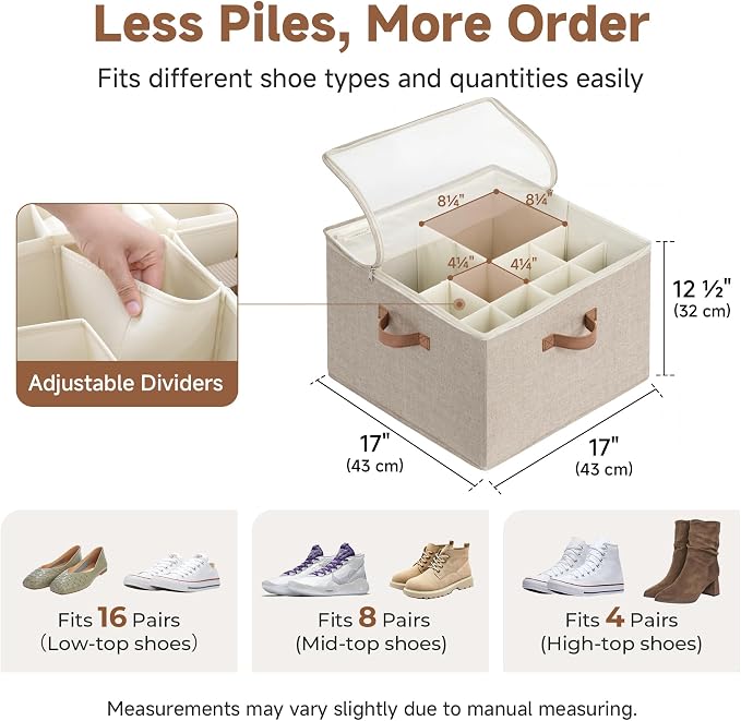 StorageWorks Shoe Organizer for Closet, Shoe Cubby Storage Containers with Adjustable Dividers and Clear Cover, Foldable Shoe Storage Box for Sandals, Sneakers, Fits up to 16 Pairs, Taupe | Fits up to 16 Pairs - Image 3