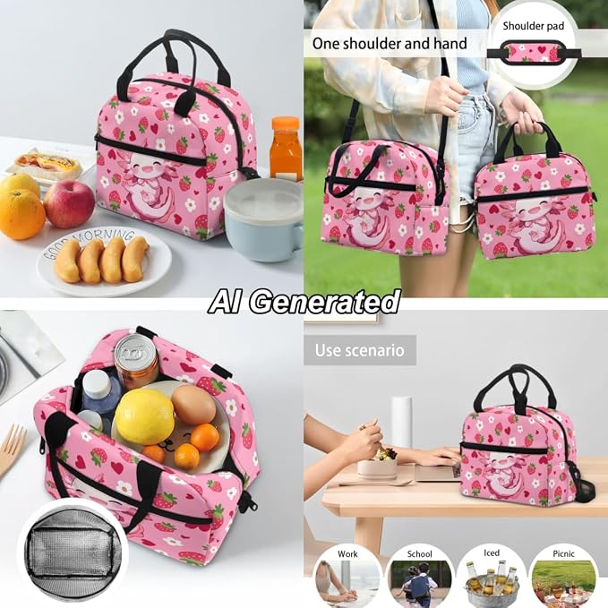 Axolotl Backpack for Girls 17Inch School Bag Set | Girls Schoolbag Strawberry Backpack Set with Lunch Box and Pencil Pouch 17 Inch Laptop Bag Casual Daypack, 3Pcs - Image 4
