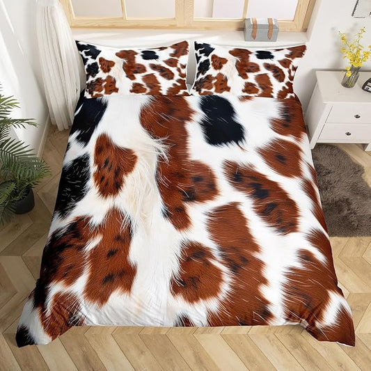 Brown Cow Print Bedding Set Africa Wild Animal Highland Cow Fur Print Comforter Cover for Adult Women Boys Soft All Season Duvet Cover Highland Milk Cow Farm Bedding Collections, Full Size by Erosebridal