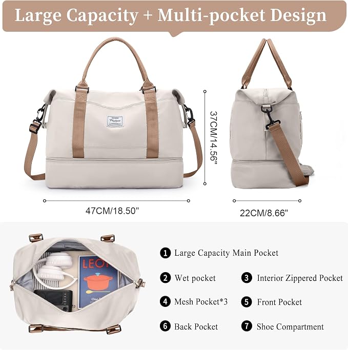 Weekender Bags for Women,Personal Item Travel Bag with Shoes Compartment,Overnight Travel Duffel Bag with Quilted Toiletry Bag,Beige&Brown - Image 4