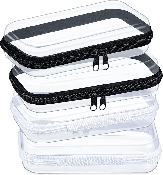 Hoolerry 4 Pcs Hard Clear Zipper Case Makeup Bags Plastic Zipper Pouch Transparent Storage Box Containers for Cosmetics, Snacks, Building Blocks, Puzzles(Clear,7.5 x 3.9 x 2 in,Black and White) by Hoolerry