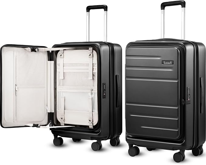 LUGGEX Checked Luggage with Spinner Wheels, FLO5 Top Opening Expandable Polycarbonate Hard Shell Suitcase with TSA Approved Lock (FX-Core, Black, 24 Inch) by LUGGEXLUGGAGE