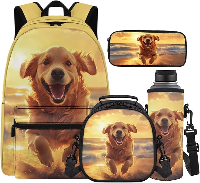 Girls Backpacks Ages 8-10 6-8 Cute Golden Retriever Backpacks for Boys with Lunch Box 4 Piece School Bag Set 17 inch Kids Bookbag with Adjustable Starps Teens Back Pack Daypack by Unknown