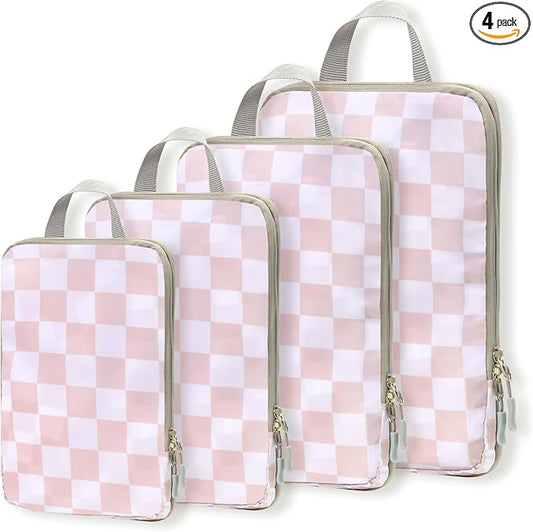 WOOMADA Compression Packing Cubes for Suitcases Travel Essentials 4 Set Expandable Travel Bags Organizer for Luggage(pink checkerboard) by WOOMADA