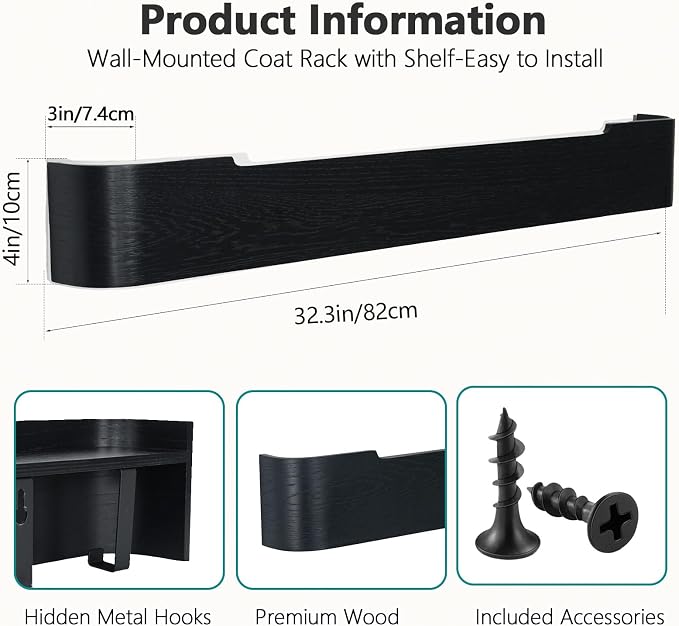 Coat Rack Wall Mount with Shelf 8 Hidden Hooks Modern Wooden Key Holder Entryway Organizer for Hallway Bedroom Bathroom Home Decor Storage for Hanging Coats Hats Bags Towels, Black - Image 3