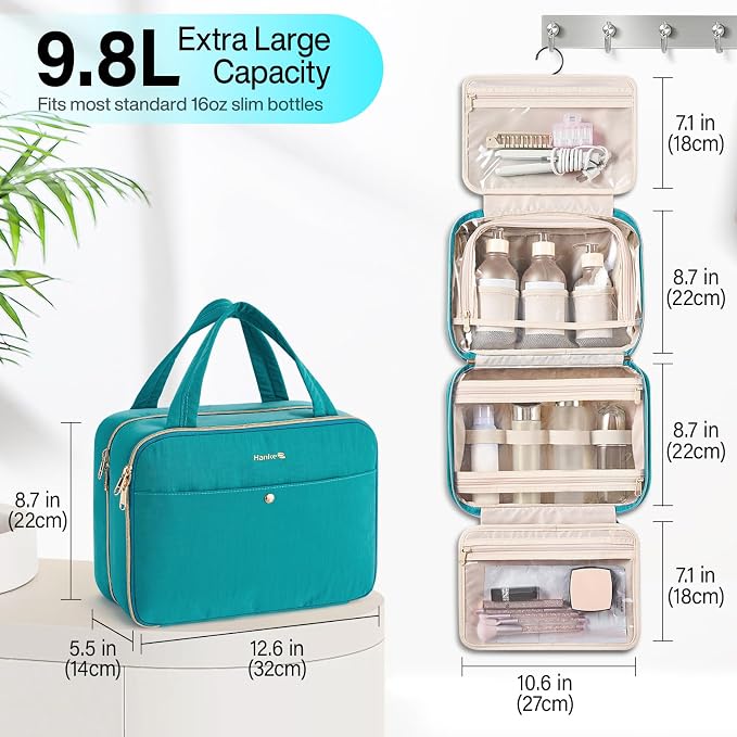 Hanke Hanging Travel Toiletry Bag with Jewelry Organizer, Turquoise Green | Large Capacity, Holds Full-Size Bottles, Water & Stain Resistant, 360° Swivel Hook, Trolley Sleeve, Women's Makeup Organizer - Image 2
