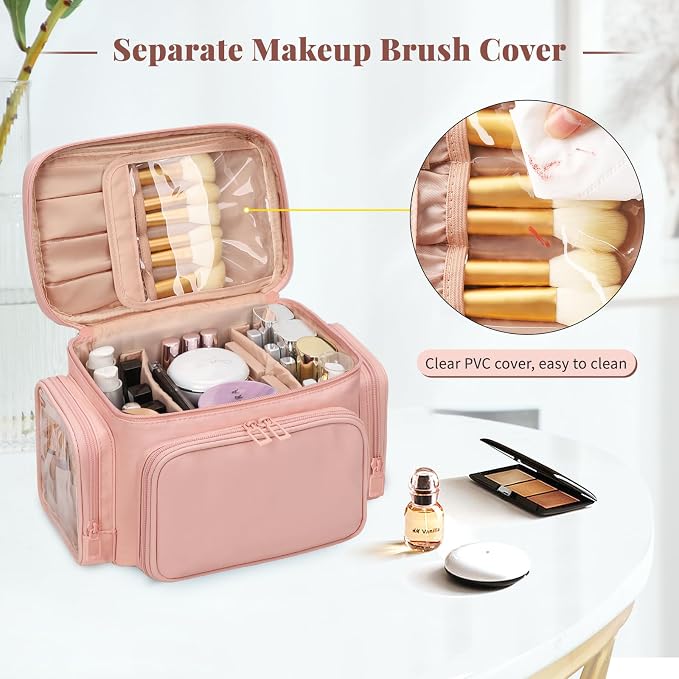 Bagmoly Large Makeup Bag, Portable Travel Makeup Bag Organizer for Women Girls with Makeup Brush Compartment & Two Side Pockets, Cosmetic Travel Bag Vertical Storage Toiletry - Pink - Image 4