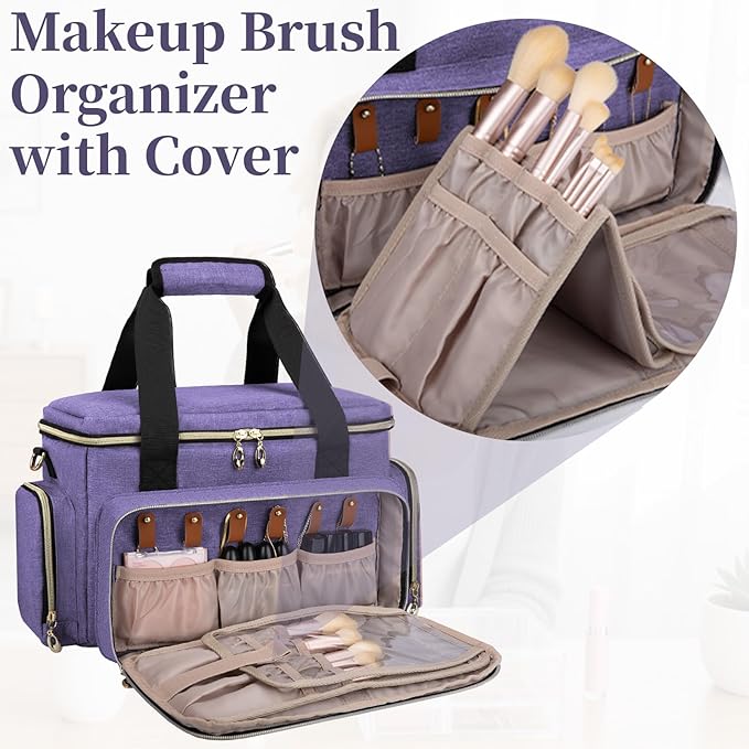 GDNasist Large Makeup Bag, Portable Travel Makeup Bag Organizer for Women Girls with 2 Removable Pouches & Detachable Dividers, Cosmetic Travel Bag, Toiletry Bag for Makeup and Hair Supplies, Purple - Image 2