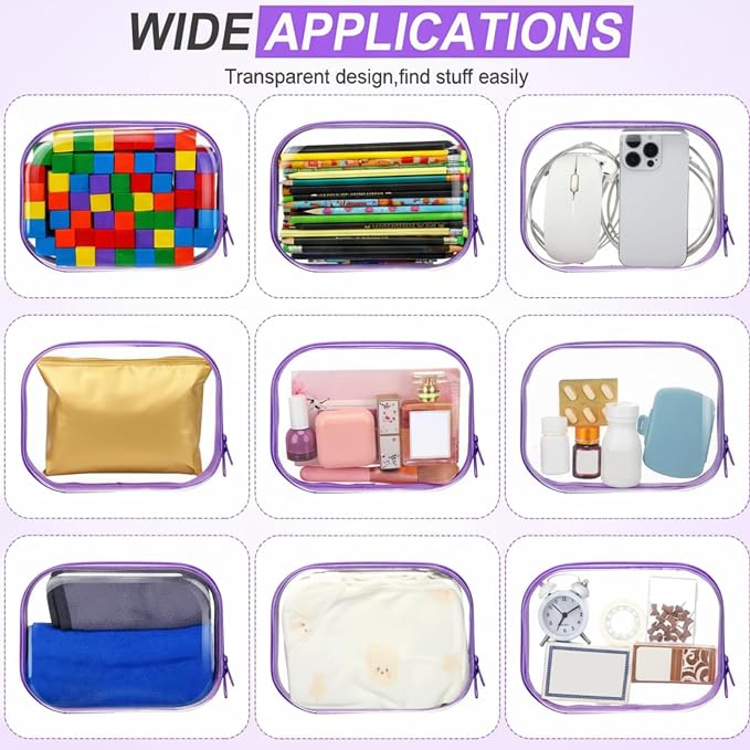 Sanwuta 6 Pcs Clear Hard Zipper Case Plastic Zipper Pouches Transparent Makeup Bag Pencil Case Pouches Toiletry Diaper Bag for Travel Toy Storage Organizer Bins(Purple,7.87 x 5.9 x 2 Inch) - Image 7