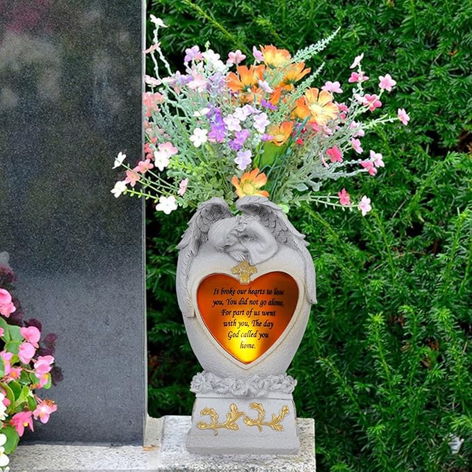 Angel Garden Statue Outdoor Decor, Cemetery Vase with LED, Family Garden Memorial Statue, Crying Angel (White) with Solar Lights