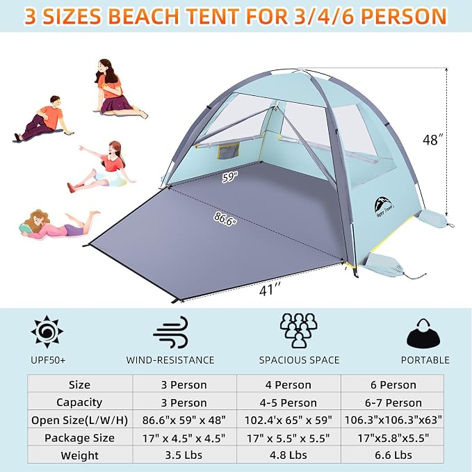 Happy Travel Beach Tent, UPF 50+ UV Protection Sun Shade Shelter for 3/4/5/6/7/8 Person, Portable Beach Canopy for Family & Baby, Lightweight & Easy Setup Beach Cabana with 3 Ventilation Mesh Windows - Image 2