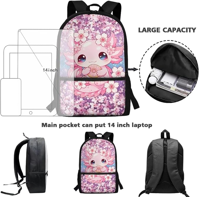 Donut Axolotl Kids 4-in-1 School Backpack Set, Cherry Blossom 17'' Bookbag with Insulated Lunch Box, Pencil Case & Water Bottle Holder, Cute Cartoon Schoolbag for Girls, Gift for Age 6-12 - Image 4