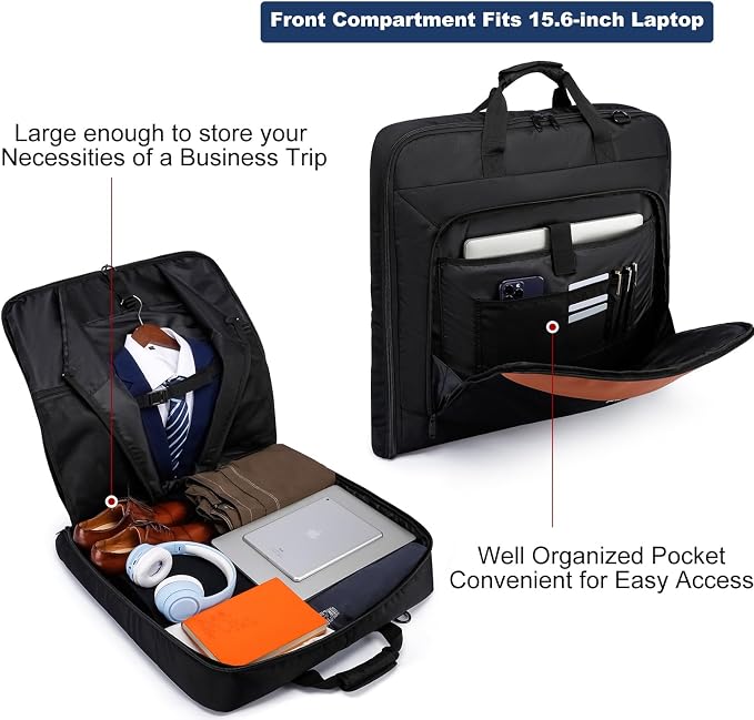 Garment Bag Travel Suit Bag Large 40-Inch Carry on Bag Up to 3 Suits,2 in 1 Hanging Luggage Bags, Fits 15.6Inch Laptop - Image 4