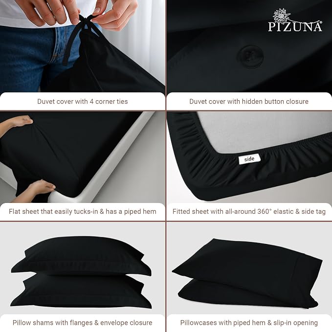 Pizuna Pure 100% Long-Staple Cotton Duvet Cover + Sheet Set Queen, Luxurious 400 Thread Count Long Staple Cotton, Soft Sateen Weave Bedding Set (Black) - Image 4