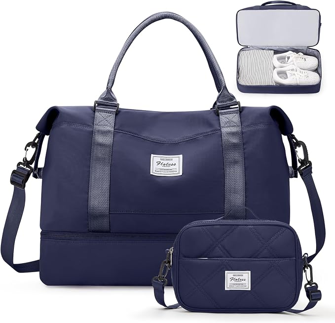 Weekender Bags for Women,Personal Item Travel Bag with Shoes Compartment,Overnight Travel Duffel Bag with Quilted Toiletry Bag,Dark Blue by SYCNB