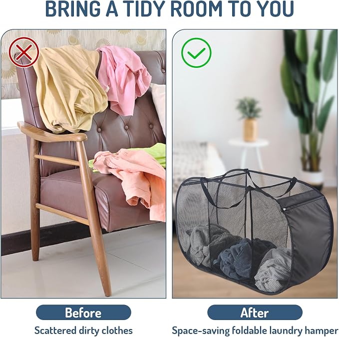 Seiritex Mesh Popup Laundry Hamper 3 Compartment Sortable Horizontal Collapsible Laundry Basket for Clothes Laundry Room Bedroom Toys Travel (Black) - Image 6