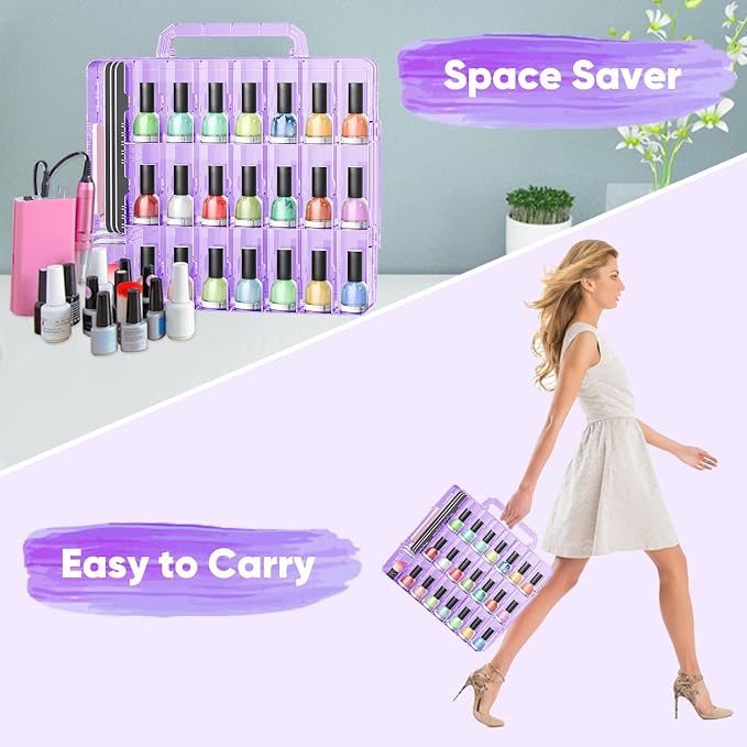 JIASHENG Nail Polish Organizer Case Holders 48 Bottles Nail Storage Box | Double Side Adjustable Space Divider for Acrylic Nail Gel Dip Powder Tips Set with Toe Separator, Purple - Image 5