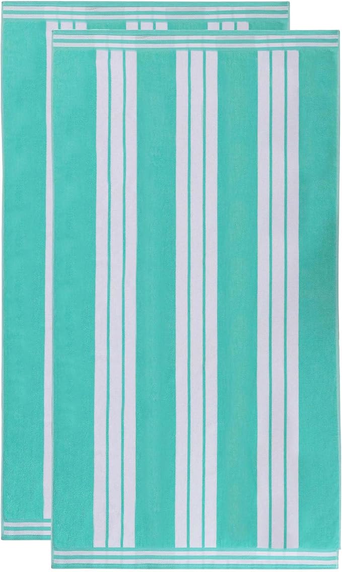 Superior Oversized Cotton Beach Towel Set of 2, Absorbent Towels for Bathroom, Pool, Swim, Adults, Kids, Vacation, Travel, Bath Sheet, Quick Dry Basics, Trip Essentials, Striped Decor, Mint - Image 2