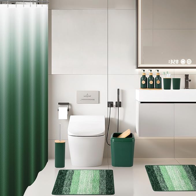 32PCS Dark Green Bathroom Accessories Set with Shower Curtain,Rugs,Trash Can,3PCS Lotion Soap Dispenser, Toothbrush Holder, Soap Dish,Tumbler Cup,6PCS Wood Tags Bath Accessories with Tray for Bathroom - Image 6