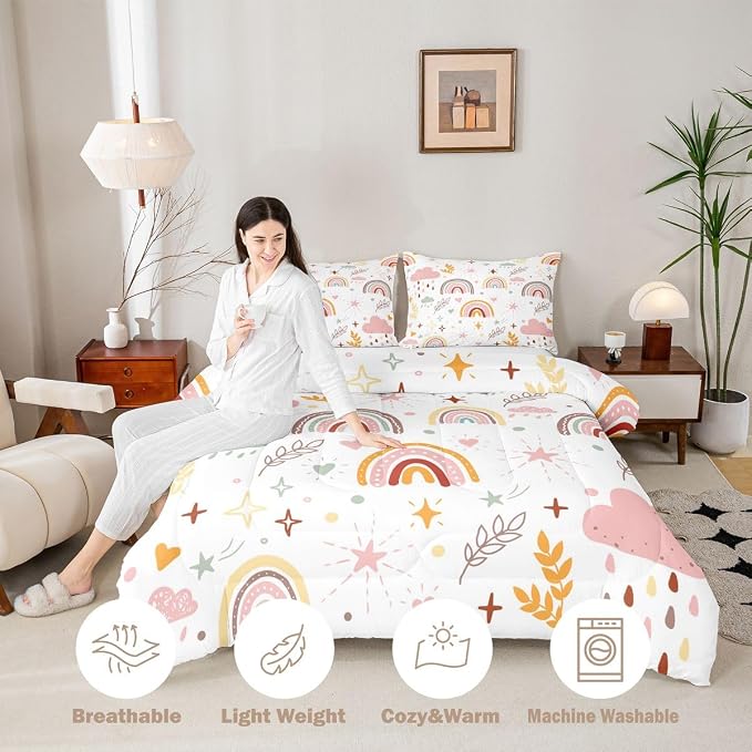Erosebridal Girls Rainbow Quilt & 1 Pillow Case, Pink Love Heart Comforter Set Twin Size Cartoon Rainbow Bedding Set Kawaii Decor, Hand Drawn Iridescent Duvet Insert for Kids Boys Teens Adult Women - Image 3