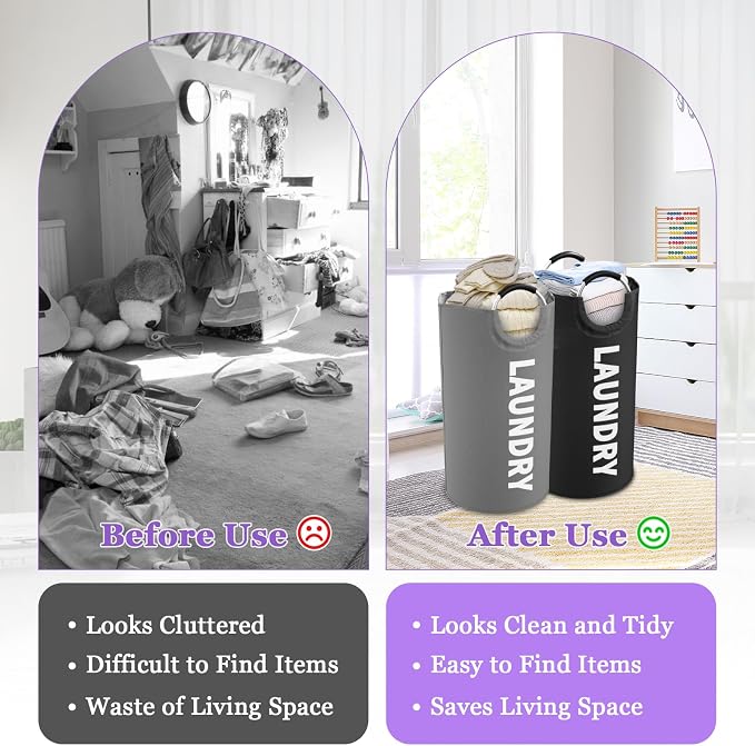 2Pcs Large Laundry Hamper for Adult, 95L Folding Clothes Basket with Handles, Dirty Clothes Hampers for Bedroom, Stand-alone Laundry Bin for Family, Hotel, Dorm, Grey/Black - Image 6