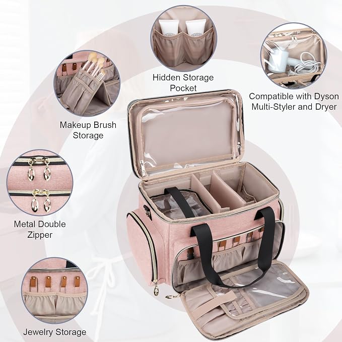 GDNasist Large Makeup Bag, Portable Travel Makeup Bag Organizer for Women Girls with 2 Removable Pouches & Detachable Dividers, Cosmetic Travel Bag, Toiletry Bag for Makeup and Hair Supplies Pink - Image 5