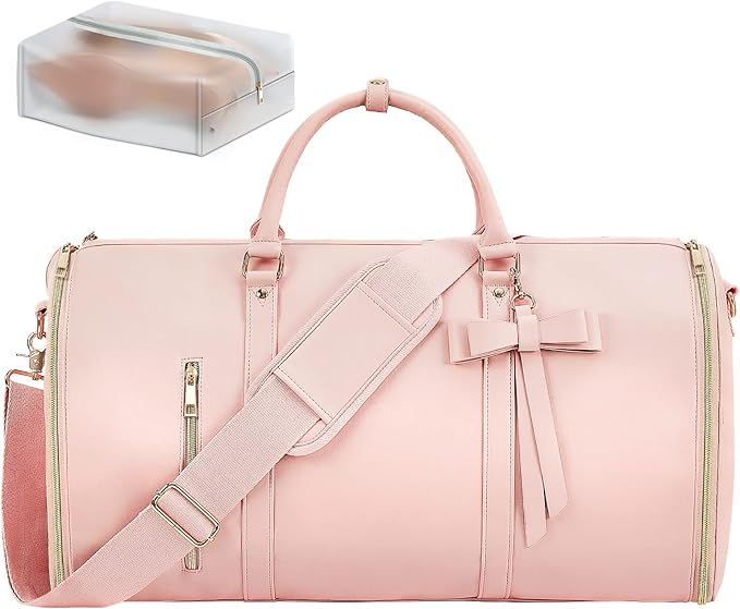 Garment Bags for Travel, Convertible Suit Travel Bag for Women, Stylish Carry On Garment Bag with Toiletry Pocket, Shoulder Strap and Shoes Compartment, 2 in 1 Foldable PU Leather Duffle Bag, Pink - Image 6