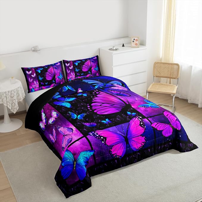 Erosebridal Butterfly Comforter Set Starry Sky Galaxy Comforter Blue Purple Butterfly Bedding Sets King for Kids Girls Teens Women Bed,Aesthetics Butterflies Quilt Duvet Set 2 Pillow Cases Room Decor - Image 6