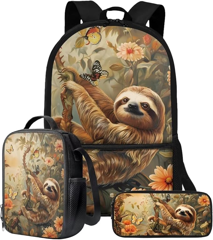 Sloth Retro Flower Butterfly Print Schoolbag Set 17 Inch Backpack with Zippered Pockets Travel Laptop Computer Bag Lunch Bag Pencil Case Lightweight Rucksack Daypack for Outdoor by ZIATUBLES