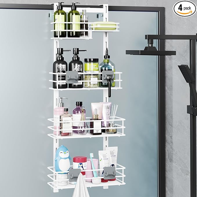 Orimade Over The Door Shower Caddy Adjustable 4 Tier White,Bathroom Hanging Organizer Shelf Rustproof with 4 Hooks,Shower Basket with Soap Holder and Suction Cup by Orimade