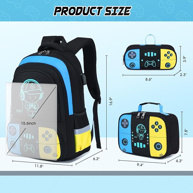 Bevalsa Backpack for School Boys, Cool Luminous Gamer Boys Schoolbag with Lunch Box & Pencil Case Set for Kids Teens Elementary Middle School, Bookbag Glow In The Dark(Yellow Blue Backpack) - Image 3