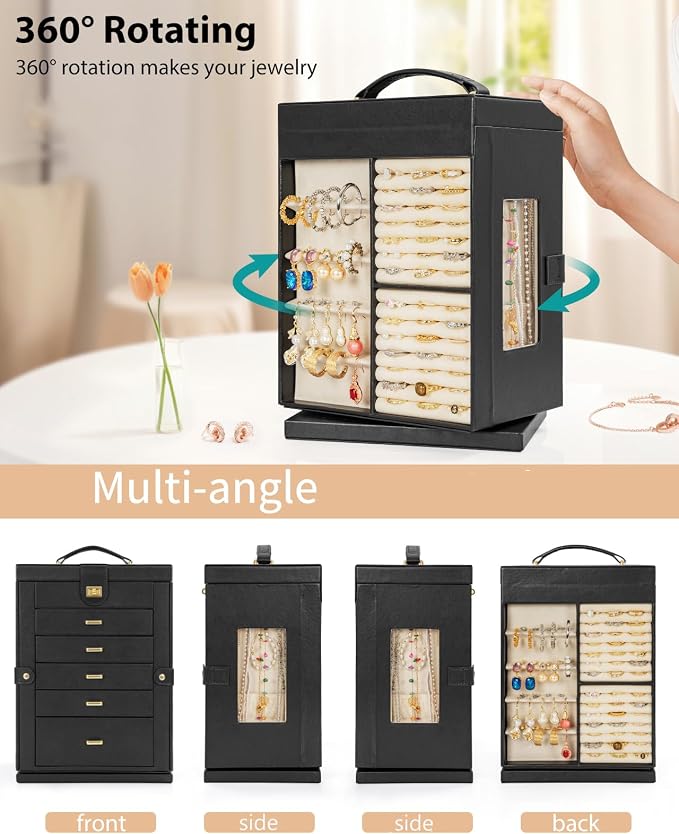 AKOZLIN 6-Tier Jewelry Box Organizer Functional 5 Drawers Leather Jewelry Storage Case for Women Girls Ring Necklace Earring Bracelet Holder Organizer with Mirror Black 360° Rotating - Image 3