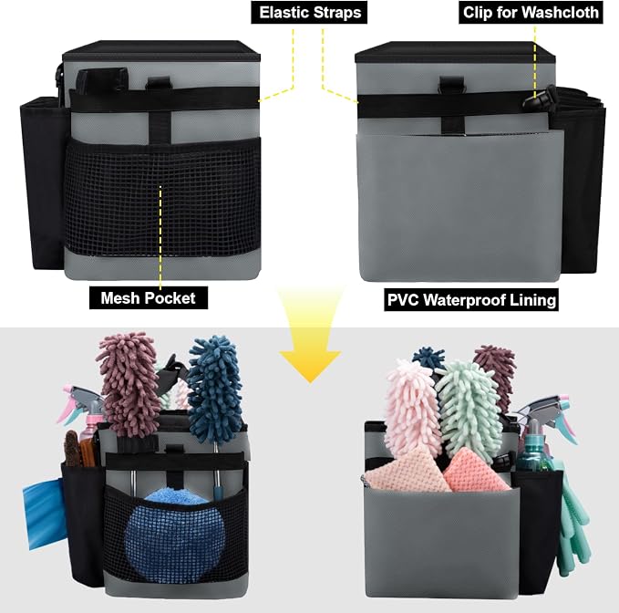 Wearable Large Cleaning Caddy Bag for Housekeeper, Clean Supply Organizer with Adjustable Shoulder, Waist & Handle Straps, Detailing Bag for Kitchen Supplies (Black&Gray) - Image 5