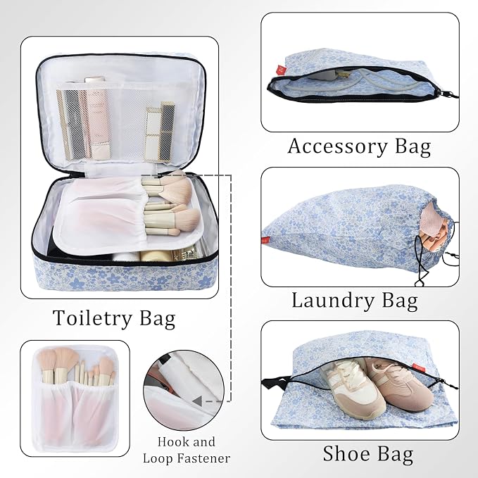 U+U 10 Set Compression Packing Cubes - Ultralight Travel Organizers with Laundry Bag and Cosmetic Bag, Space-Saving Suitcase Organizer for Travel, Business Trip and Family Vacation (Blue Flower) - Image 4