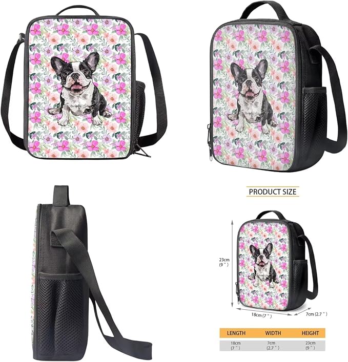 Retro Floral Bulldog Print Backpack Set Schoolbag Boys Girls Large Capacity Bookbag Lunch Box Pencil Case 17 Inch Travel Laptop Backpacks Rucksack Daypack with Zippered Pockets - Image 4