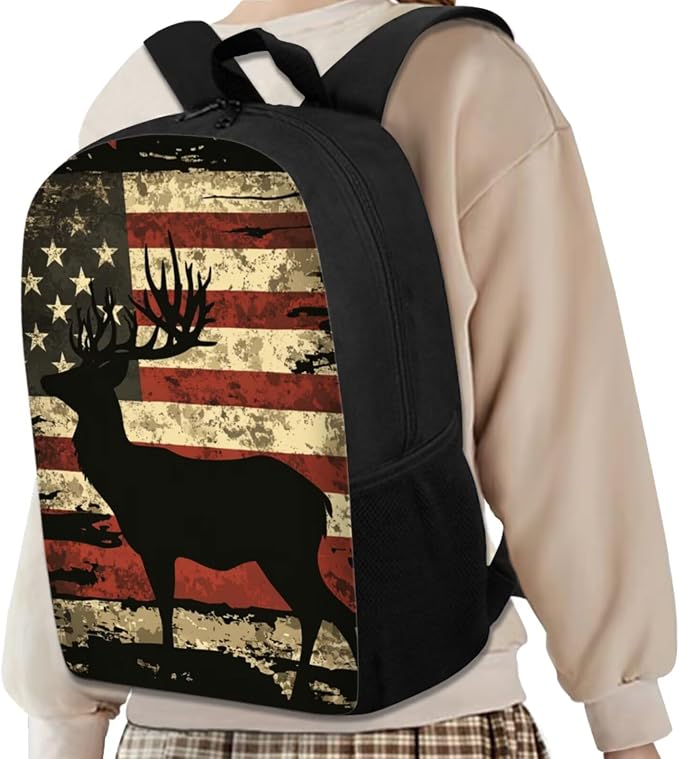 GIFTPUZZ Deer American Flag Backpack 4 Pcs Set Boys 10-12 | Pink, Pencil Case, Water Bottle Sleeve, Lightweight Kids Bookbag, Casual Travel Daypack - Image 2
