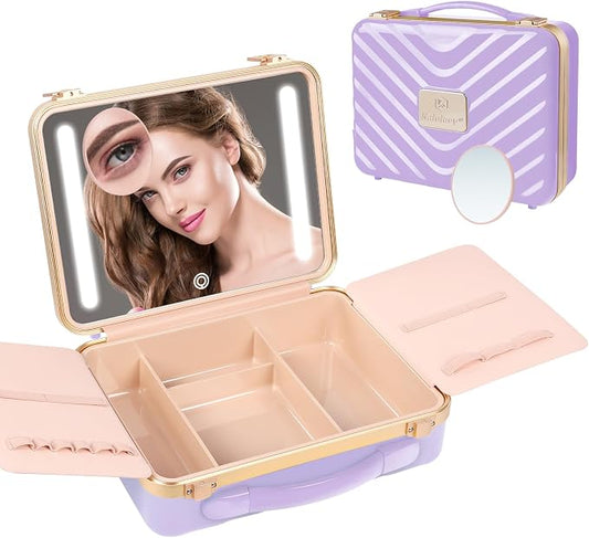 Kalolary Travel Makeup Train Cases with Lighted Mirror 3 Color Setting, Makeup Bag Cosmetic Case Organizer Adjustable Brightness Portable Makeup Storage Box with Detachable 5X Magnifying Mirror Purple by Kalolary