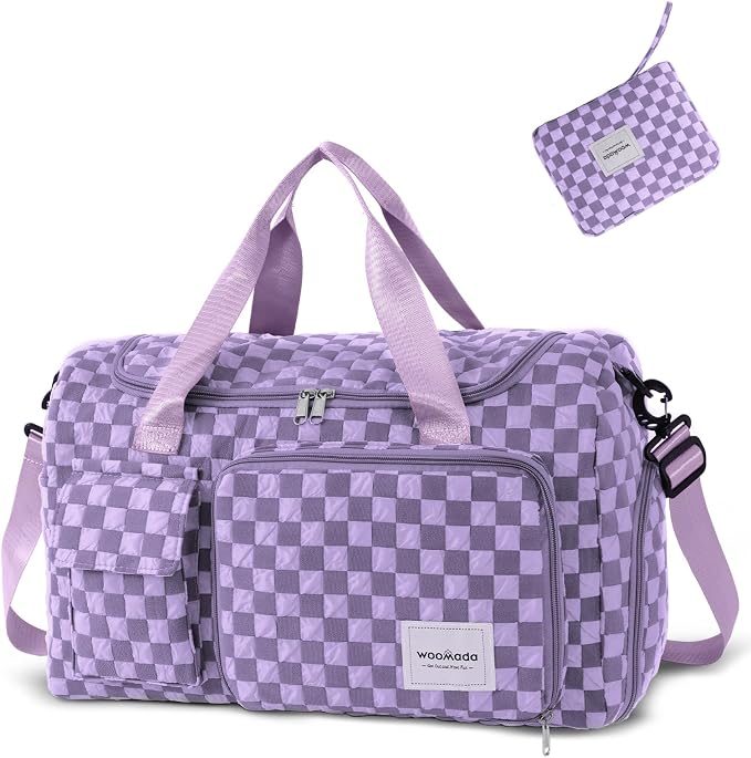 WOOMADA Foldable Travel Duffel Bag with Shoes Compartment, Overnight Bag with Wet Pocket & Trolley Sleeve, Weekender Bags for Women (violet checkerboard) by WOOMADA