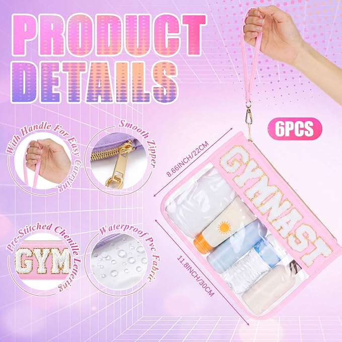 6 Pcs Gymnastics Gifts Cosmetic Makeup Bags, Pink Purple Clear PVC Zipper Pouch with Chenille Letter Patch, Waterproof Travel Toiletry Storage Bag for Team Girls Women Party Favor - Image 2