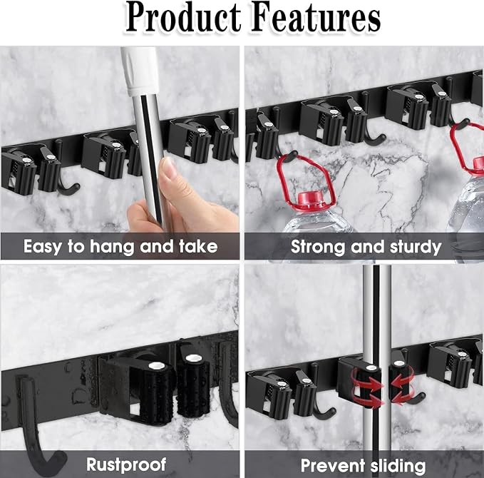 Black 5 Racks and 4 Hooks Mop and Broom Holder Wall Mount, Broom Organizer Storage Tool Racks Stainless Steel Heavy Duty Hooks Self Adhesive Solid Non-slip for Home Kitchen Garden Laundry Garage - Image 2