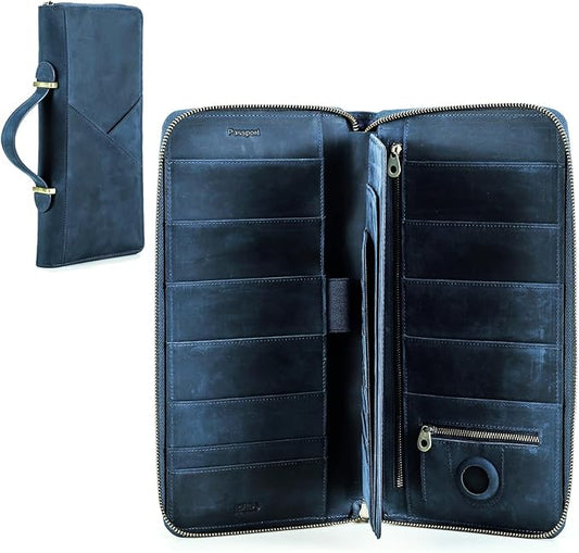 CONTACTS Family Passport Holder for 10 Full Grain Leather Passport Holder Compatible with Airtag for Family Travel Document Organizer Multiple Passport Wallet with Rfid Blocking (Blue) by CONTACTS