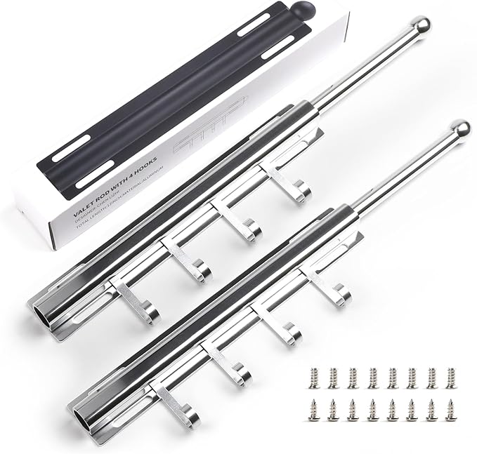 BaiNong Valet Rod for Closets Pull Out 12" Silver with 4 Hooks (2Pack) | Closet Valet Rod Slide Out for Closets, Laundry Rooms, RVs Space-Saving by BaiNong